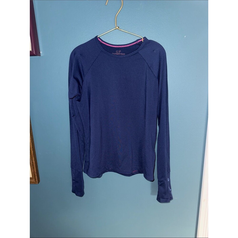Vineyard Vines Navy Long Sleeve Tee with Pink Trim